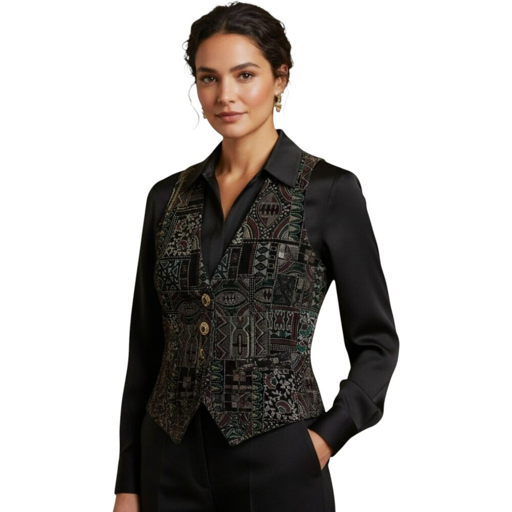 Vintage Michele Leslie Black Velvet Vest M Tribal Print Retro 90s Preppy Unique